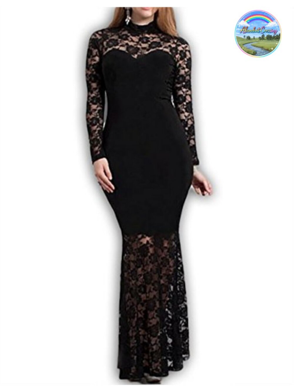 Plus Size Mermaid Lace Maxi Evening Dress Long Sleeve High Neck Formal Gown